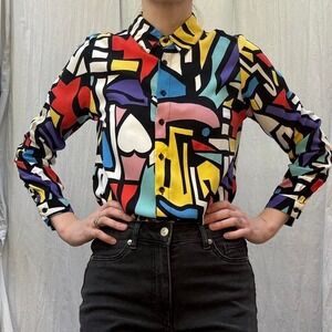 Multicolored Abstract Print Button Down Blouse Big Dart S/M Retro Bold Unique